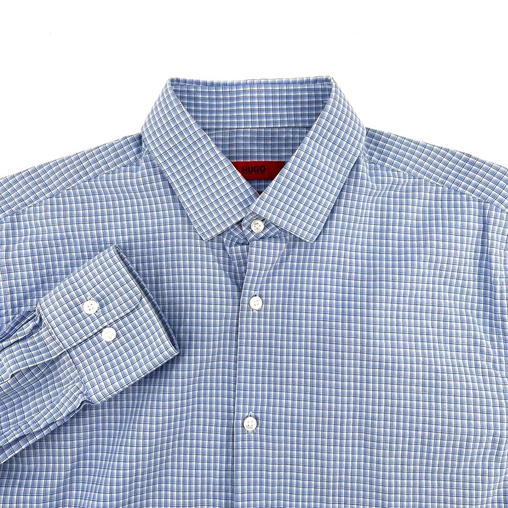 Hugo Boss Mens Blue Check Sharp Fit Long Sleeve Dress Shirt 15.5 34/35